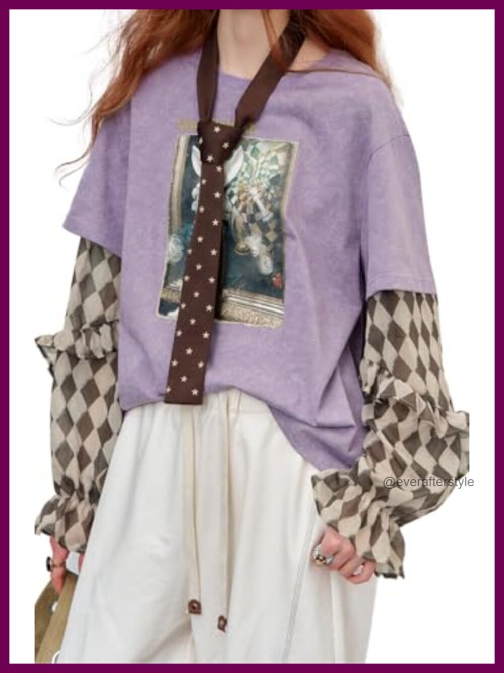 Y2K Purple Long Sleeve Top Rabbit Print Ruffled Sleeve Crop Tee
